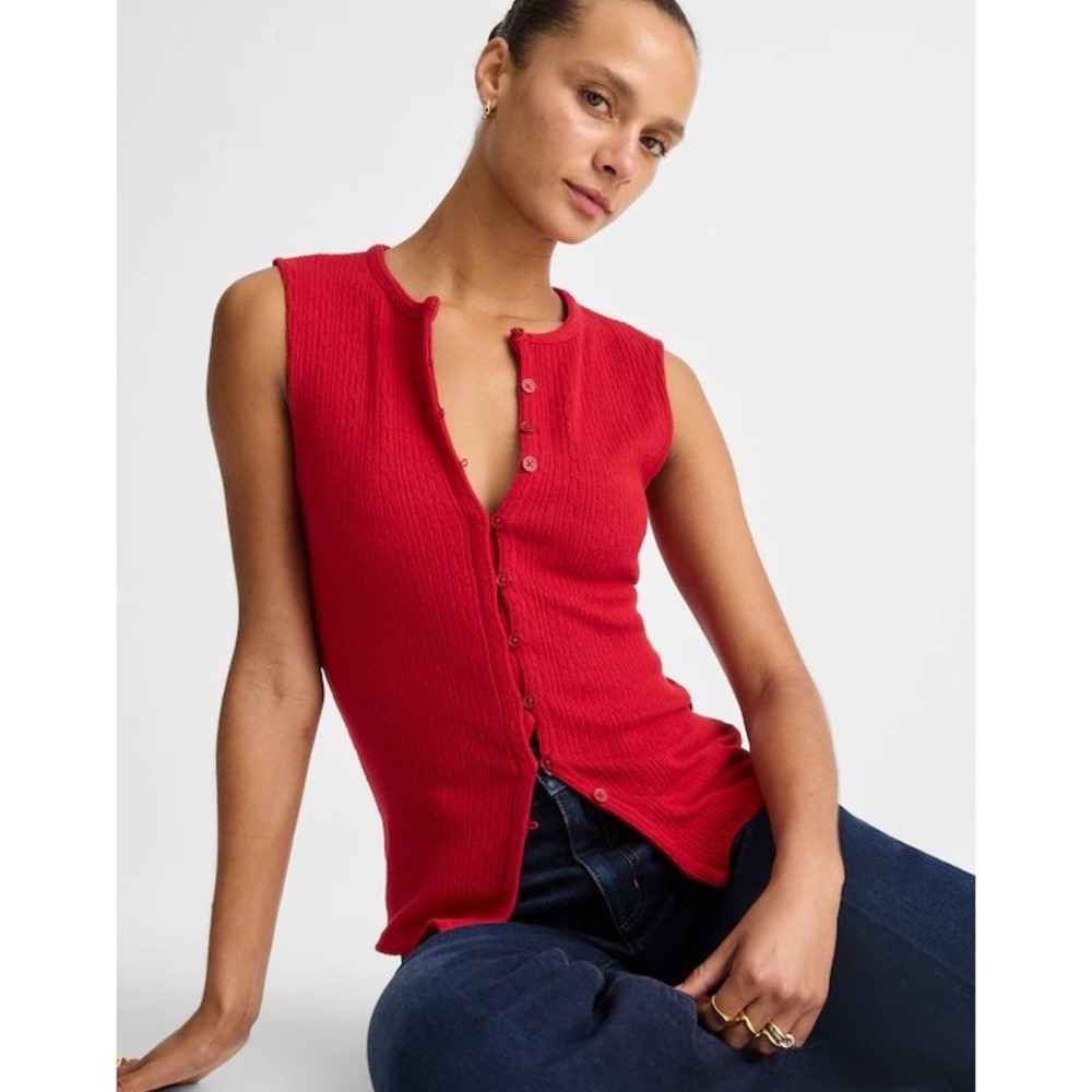 Madewell Pointelle Cutaway Vest Crimson Red Sleeveless Button Front Top L NY278 - Picture 1 of 9